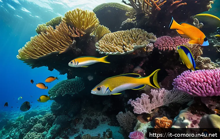 코모로 스쿠버 다이빙 스팟 - A vibrant underwater scene showcasing the pristine coral reefs of the Comoros Islands, featuring an ...
