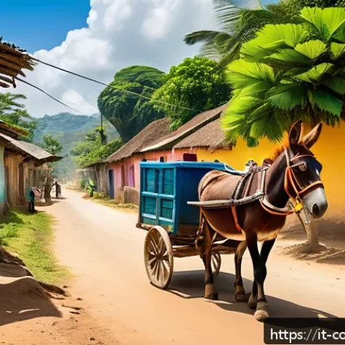 코모로 대중교통 시스템 - A vibrant scene of a traditional Comorian donkey cart (carretta) traveling along a dusty village roa...