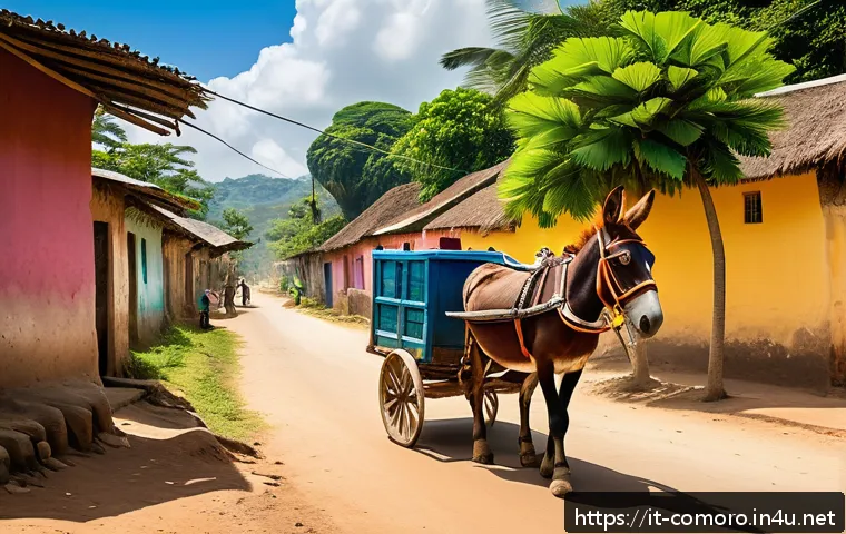코모로 대중교통 시스템 - A vibrant scene of a traditional Comorian donkey cart (carretta) traveling along a dusty village roa...