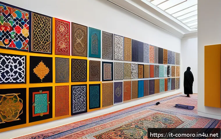 코모로 이슬람 전통과 현대화 - A vibrant contemporary art gallery in an Italian city showcasing Islamic calligraphy blended with mo...