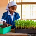 코모로 지역 NGO 활동 - A vibrant classroom scene in a rural Comorian school featuring enthusiastic young students wearing m...