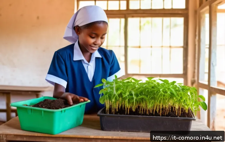 코모로 지역 NGO 활동 - A vibrant classroom scene in a rural Comorian school featuring enthusiastic young students wearing m...