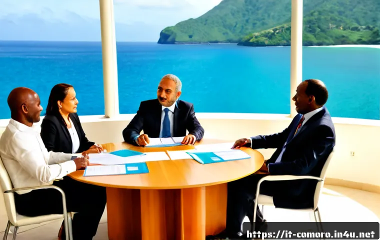 코모로 국제 환경 협약 참여 - Photorealistic environmental diplomacy scene in Comoros, a diverse group of Comorian and Italian sus...